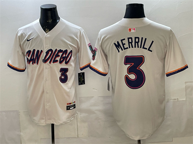Men's San Diego Padres #3 Jackson Merrill Cream 2026 City Connect Stadium Stitched Baseball Jersey Men's San Diego Padres #3 Jackson Merrill Cream 2026 City Connect Stadium Stitched Baseball Jersey